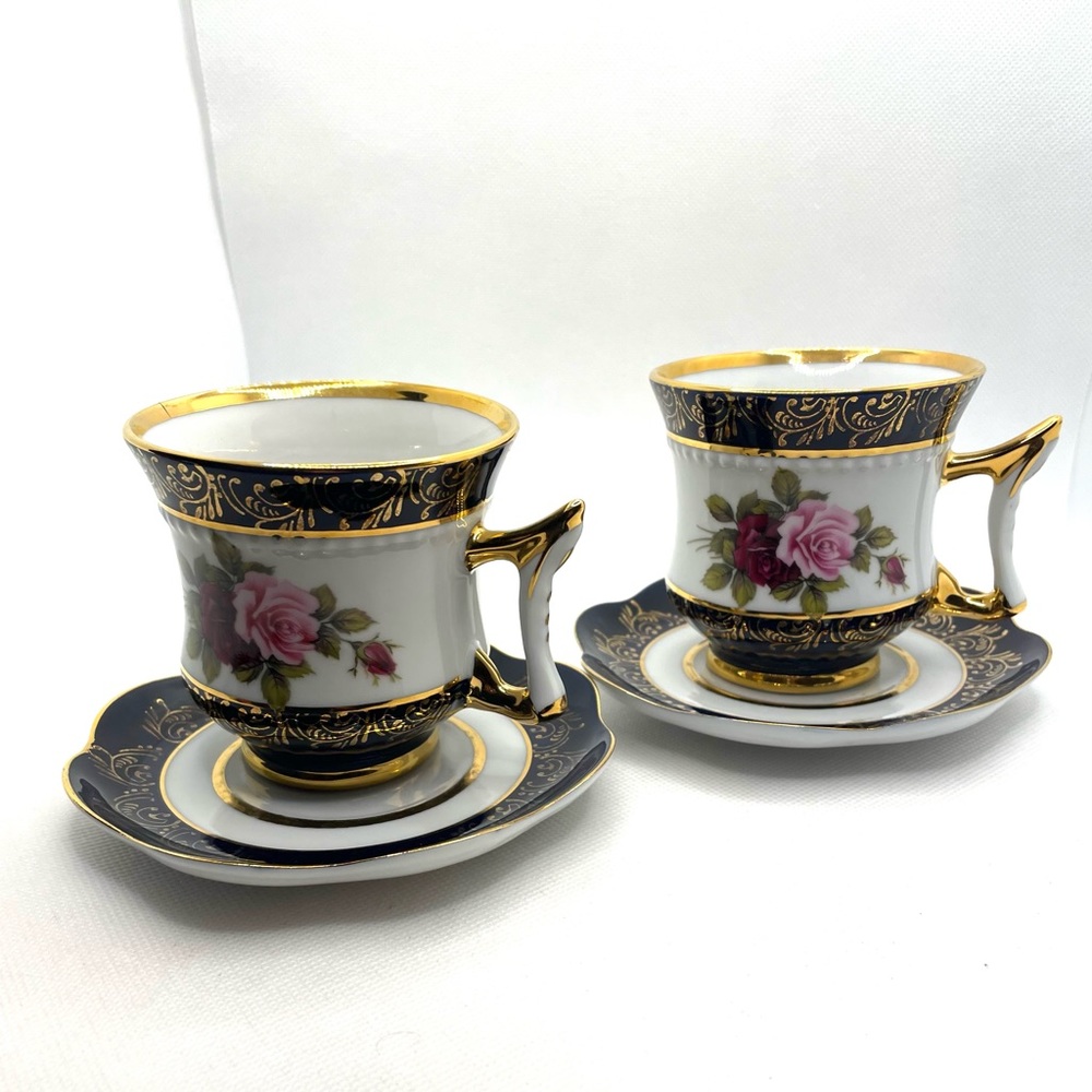 Set of 2 Vintage Pirkenhammer Czech Rose Floral Print Cups and Saucers
